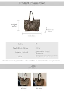Detailed size specifications and material chart for leopard print canvas tote bag