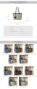 Detailed chart showing PU tote bag dimensions, material specs, and five color options