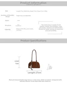 Detailed size specifications and dimensions for large brown suede Boston shoulder bag