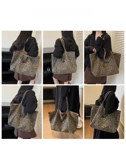 Detailed views of the large leopard print canvas tote bag shown from multiple angles