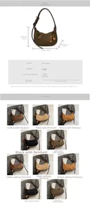Infographic showing dimensions and color options for the vintage crescent crossbody bag