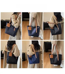 Collage of large commuter tote bag showing shoulder and hand-carry style on a model
