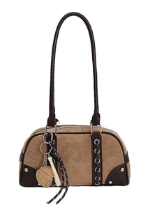 Classic brown patchwork shoulder bag with retro baseball glove and bat charm