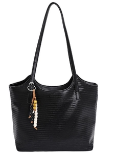 Large capacity vintage black woven leather tote bag with stylish beaded tassel detail
