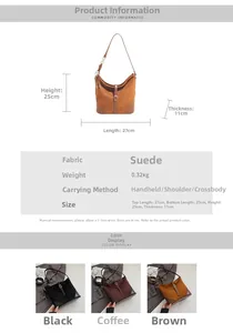 Guide des tailles pour sac seau en daim marron avec dimensions 27x25x11cm et coloris