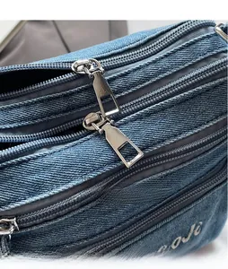 Detail of blue denim shoulder bag showing multiple smooth metal zippers and twill fabric