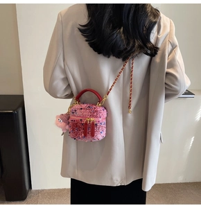 Pink and red tweed mini bucket bag with chain strap worn by model from behind