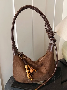 Vintage PU Leather Hobo Bag For Women Retro Stitching Underarm Shoulder Bag With Bead Pendant Half Moon Crossbody Handbag