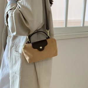 Contrast suede crossbody handbag for women with brown leather flap and gold hardware