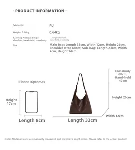 Detailed size chart for the PU leather tote bag set including main and inner bag dimensions