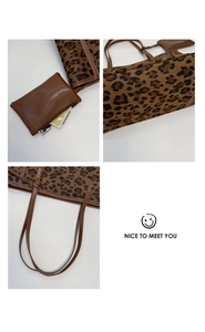 Detailed view of leopard print tote bag textures, leather straps and matching pouch zipper