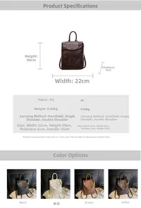 Spécifications de taille et options de couleurs pour le sac à dos en similicuir chic
