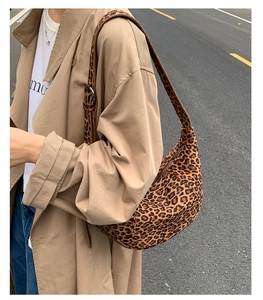 Detail shot of leopard print hobo bag with adjustable wide strap on shoulder