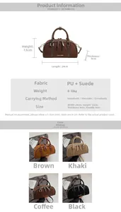 Dimensiones detalladas y cuatro variantes de color del bolso Boston vintage en PU y ante