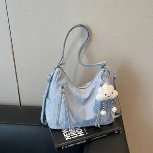 Women Large Capacity Fashion Backpack PU Leather Crinkle Tote Bag Casual Versatile Shoulder Bag With Plush Cloud Pendant