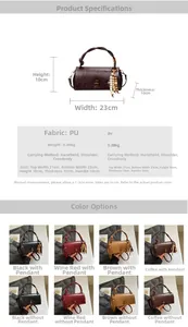Detailed spec sheet of PU leather handbag showing size 23x10x10cm and multi-color options