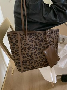 Large leopard print tote bag with brown PU straps and matching pouch for women