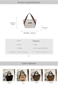 Detailed size chart and dimensions for the large capacity canvas tote bag with embroidery