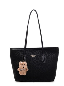Large leopard print tote bag with plush bear charm and vintage aesthetic design