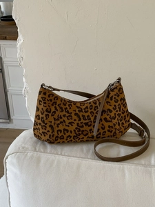 Vintage leopard print faux suede crossbody bag with premium leather strap for women