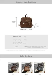 Detailed view of vintage PU leather backpack with size specifications and color options
