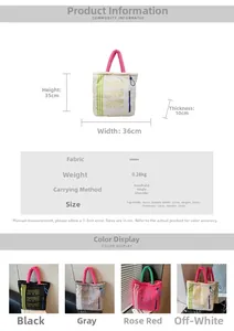 Detailed technical diagram showing quilted tote bag dimensions and four color options