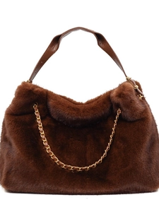Fuzzy dark brown faux fur tote bag with golden chain and adjustable leather strap