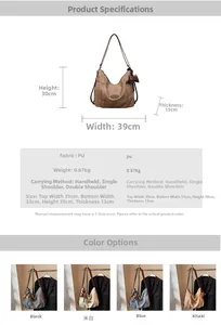 Detailed spec sheet for large PU tote bag with dimensions and versatile carrying styles