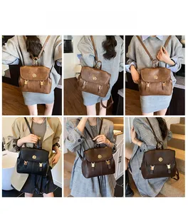 Collage of black and brown vintage backpacks shown on a model in various daily scenarios