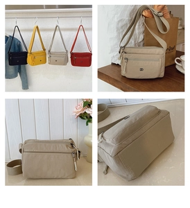 Details der wasserdichten Nylon-Umhängetaschen in Schwarz, Gelb, Beige und Rot