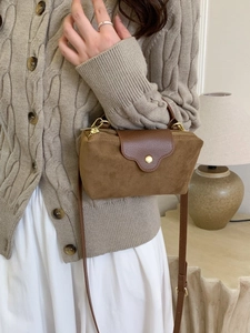 Brown faux suede crossbody bag for women with leather flap and golden magnetic buckle