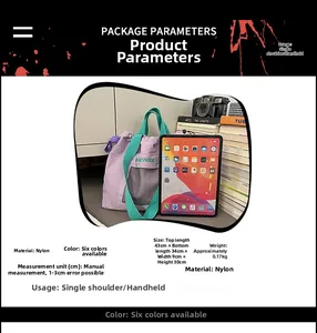 Detailed view of purple nylon tote bag capacity showing it holds an iPad and books