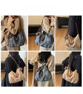 Detailed views of the spacious tote bag showing textures, brown leather straps, and bow charms