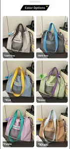 Collage showing six color options of high-capacity drawstring nylon tote bags for women