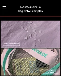 Detail of water-resistant purple tote bag with green strap and front mesh pocket