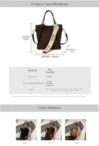 Tableau des tailles et vue multicolore du sac seau en PU suédé avec ruban décoratif