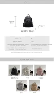 Detailed size chart and multi-color options for the large PU leather fashion backpack