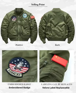Detailed view of army green bomber jacket with embroidered badges and Velcro patches