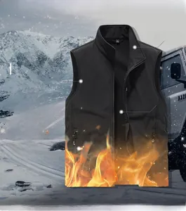 Detail of warm black vest showing stand collar, thermal lining and zipper pockets