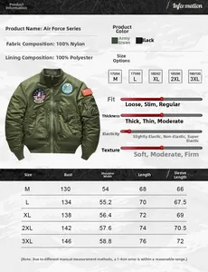 Detailed size chart and material specifications for the men's MA-1 bomber jacket