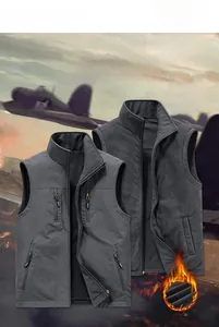 Detail of reversible outdoor fleece vest featuring multi-pockets and warm stand collar