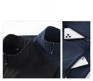 Detail view of the stand-up collar and multi-pocket design on this softshell vest
