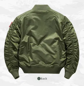 Rear view of army green bomber jacket with ribbed cuffs and sleeve pleat detail