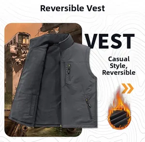 Detail of reversible men's vest with fleece lining and multiple zipper pockets