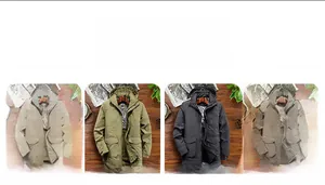 Detail view of winter parka featuring four colors, hooded design, and large flap pockets