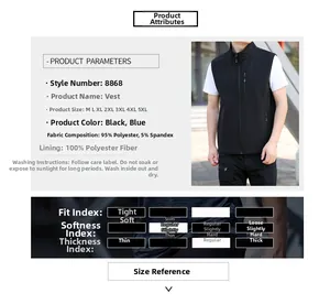 Detailed chart showing 95% polyester men's athletic vest with zippered pockets