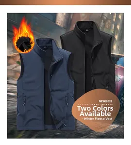 Detailed close-up of windproof softshell vest with thermal fleece lining and zipper pockets