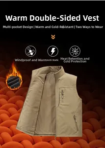 Detail view of khaki reversible vest with multi-zipper pockets and warm fleece lining