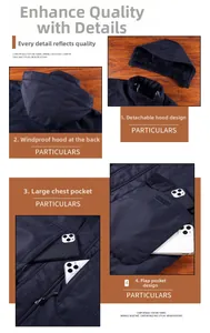 Detail of navy blue winter jacket with detachable hood and windproof zipper pockets