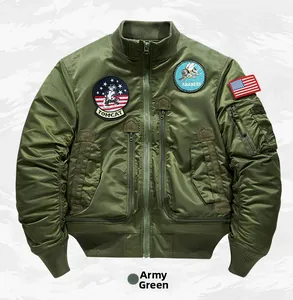 Detail of army green bomber jacket featuring Tomcat embroidery and tactical arm pocket